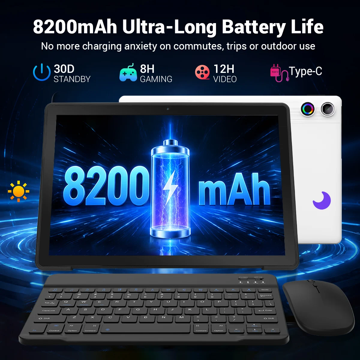 11 inch Android 15 Tablet PC 24(4+20)GB RAM 128GB ROM A523 Octa‑Core HD LCD 6800(8200)mAh Adult Tablet Full Set with Keyboard Mouse Case Stylus Pen Headphones Charger White Black