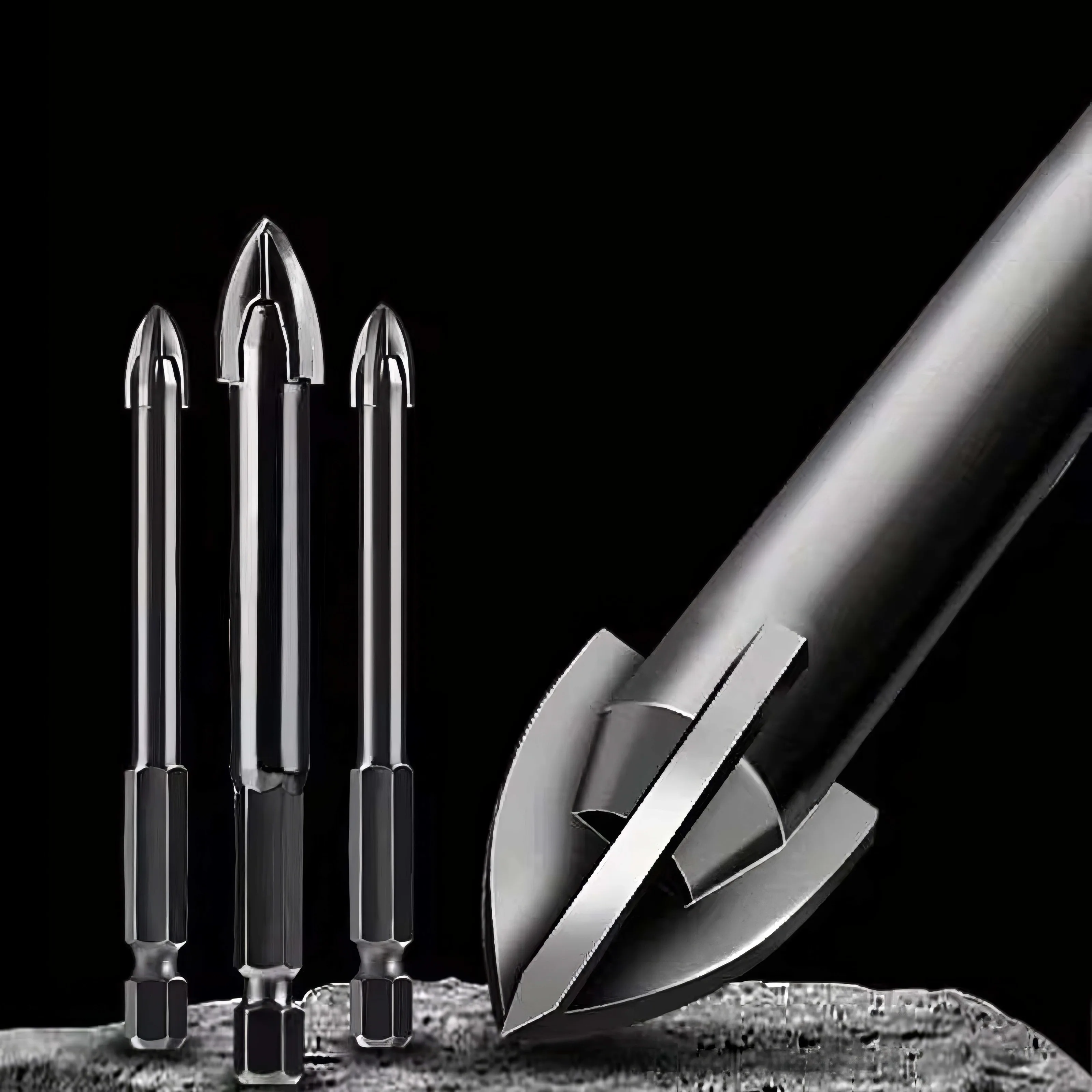 5 قطع من لقم الثقب المدببة باللون الأسود، لقم الثقب الثلاثي ذات المقبض المستقيم، مناسبة لبلاط السيراميك/الزجاج/الجدران #4