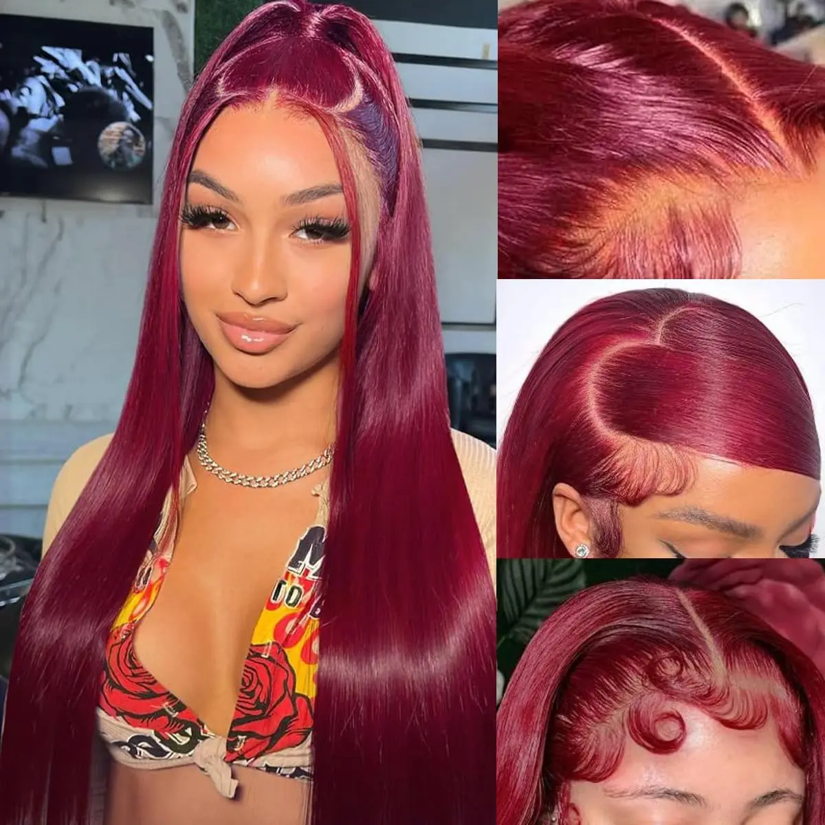 

34 Inch 99J Straight Lace Front Wigs Human Hair Wig Pre Plucked 13x4 Burgundy Lace Frontal Wig Brazilian Virgin Human Hair