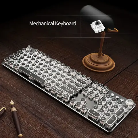 Mechanical Gaming Keyboard USB Wired Keyboard Steampunk Keyboard Black Switch Retro Punk 104 Key Round Keycaps for PC Office