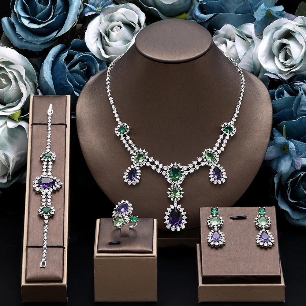 

Элегантный свадебный ювелирный набор из 4 предметов: колье, браслет, кольцо, серьги с крупными цирконами, высококачественные украшения из Дубая