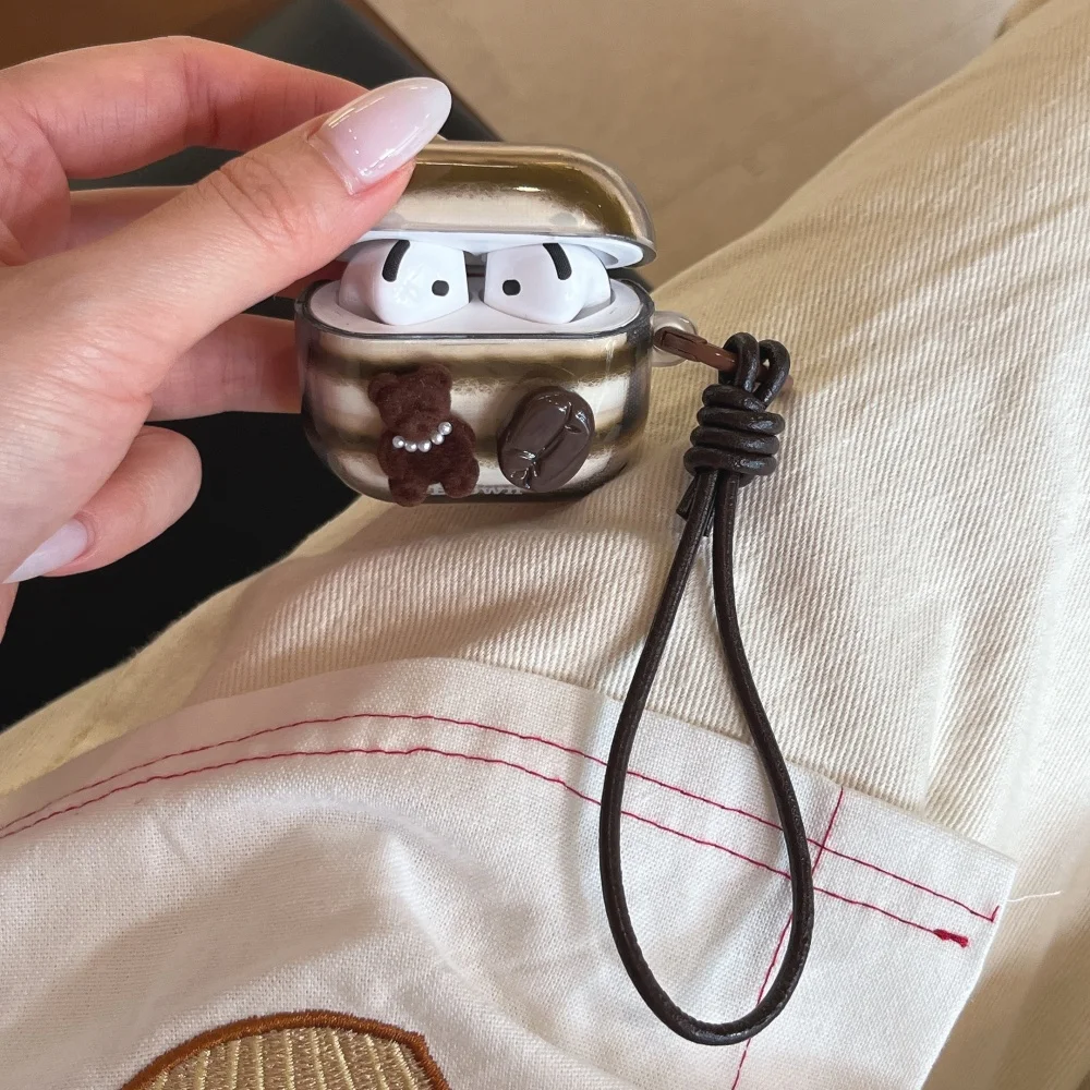 

Retro striped coffee bean bear headphone protective case, suitable for AirPods 4/3/2 Pro/2/4, new shockproof protective case