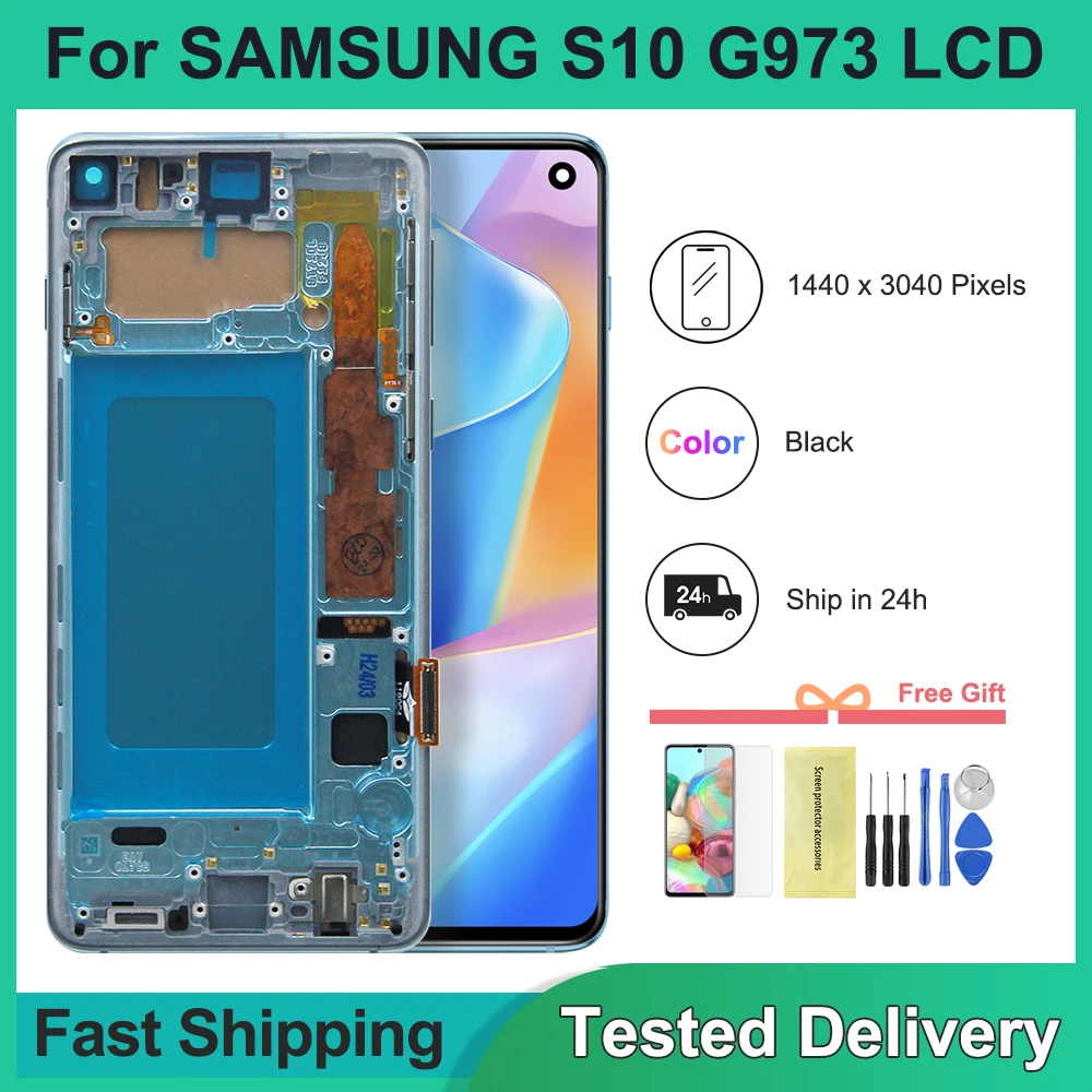 Tested TFT For Samsung S10 SM-G973F SM-G973U SM-G973W LCD Display Touch Screen Digitizer Replacement With Frame