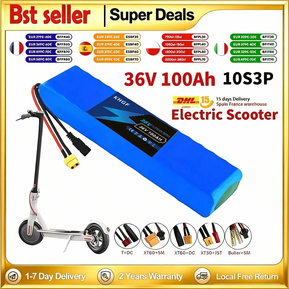 Lokalny Magazyn PL Wysokiej Pojemności Akumulator Litowy Klasy A 36V 100000mAh 10S3P 18650 z Wbudowanym Bezpiecznym BMS, Złącze XT60 JST, Zamiennik Akumulatora do Hulajnogi Elektrycznej 500W
