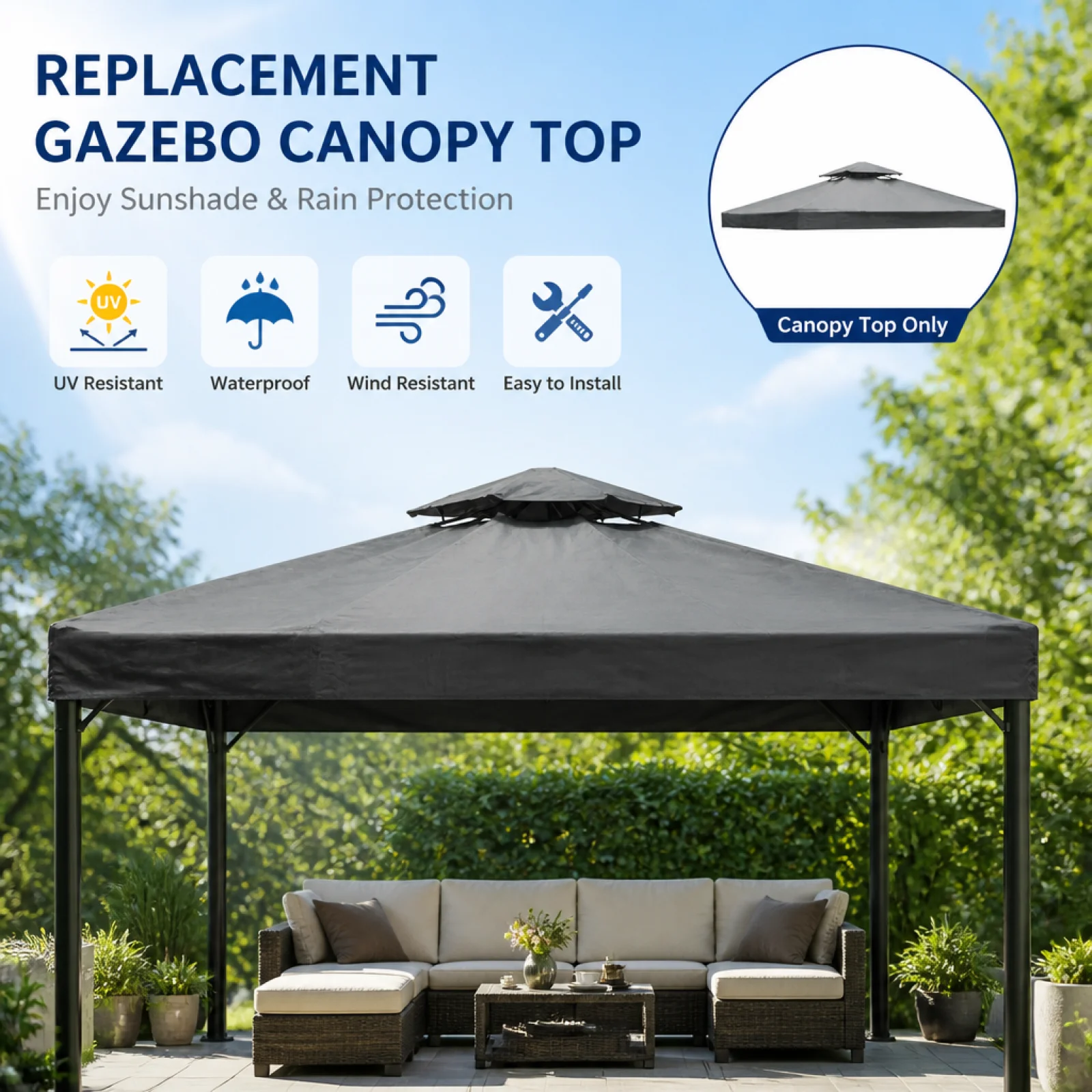 Replacement Gazebo Canopy Double Tier 420D Oxford Waterproof UV Resistant Top Cover for Backyard Garden Patio Party