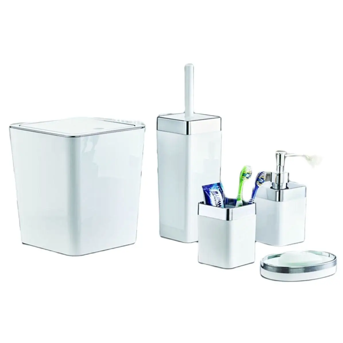 

Bathroom Accessory Set Acrylic Metal Plated White 5 Pcs Toothbrush Holder Liquid And Solid Soap Dispenser Trash Can Toilet Brush