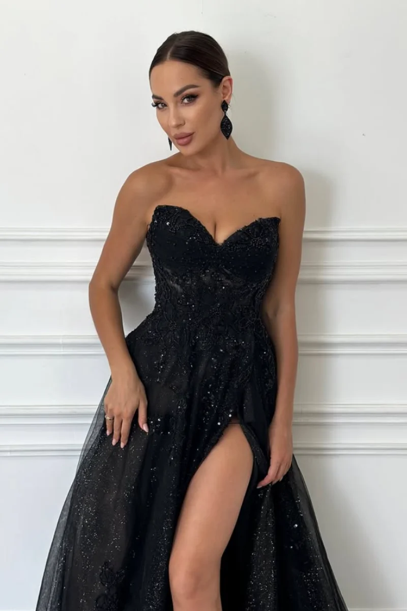 Jessica Glitter Beads Evening Dresses Black Tulle Prom Dresses Off-shoulder Side Slit Princess Dress Vestidos De Gala Customized