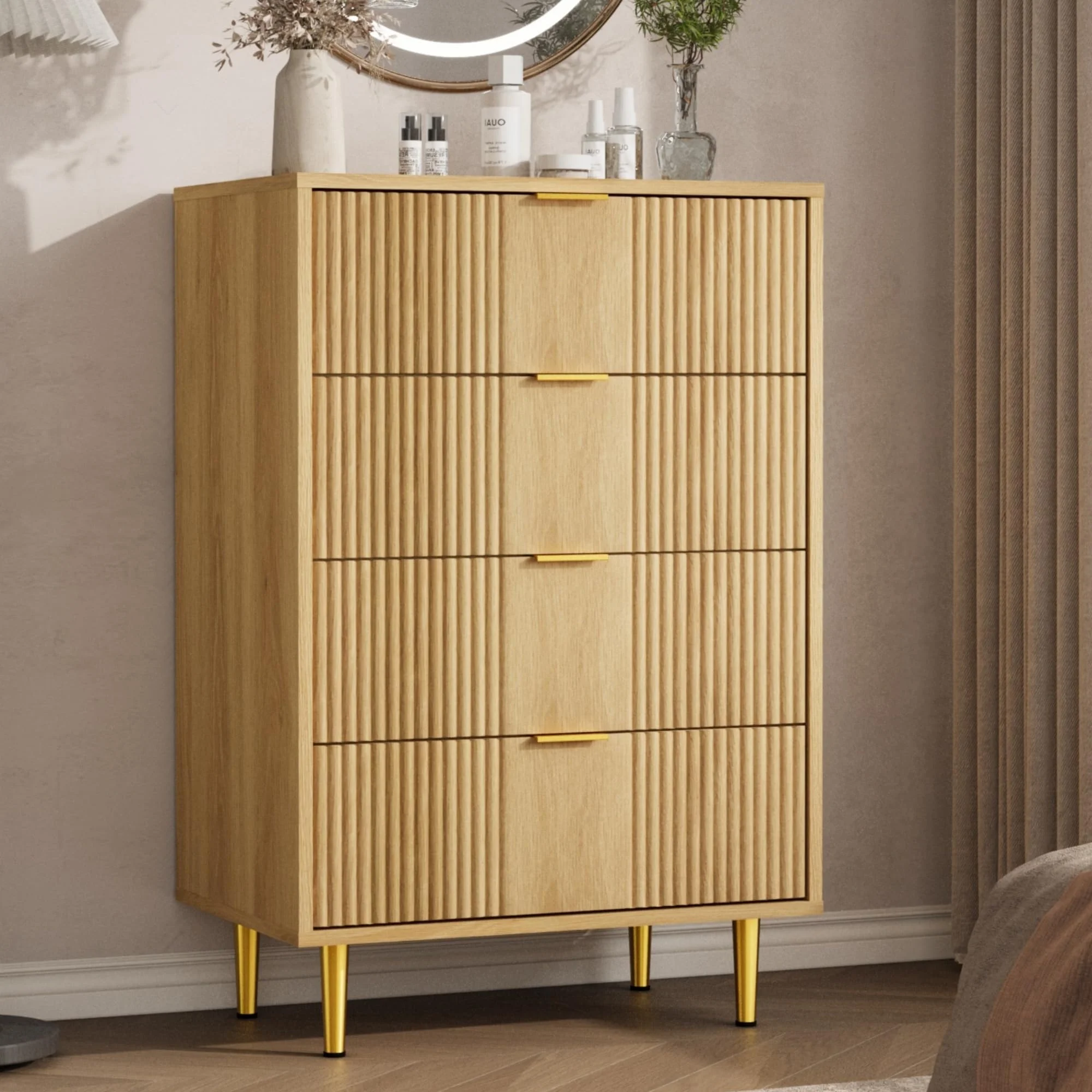 Garvee Geriffelte Kommode für Schlafzimmer mit 4 Schubladen, 93,7 cm hohe moderne Schublade mit Metallgriff, Holzschrank-Kleideraufbewahrungs-Organizer für Wohnzimmer, Flur, natürliche Eiche