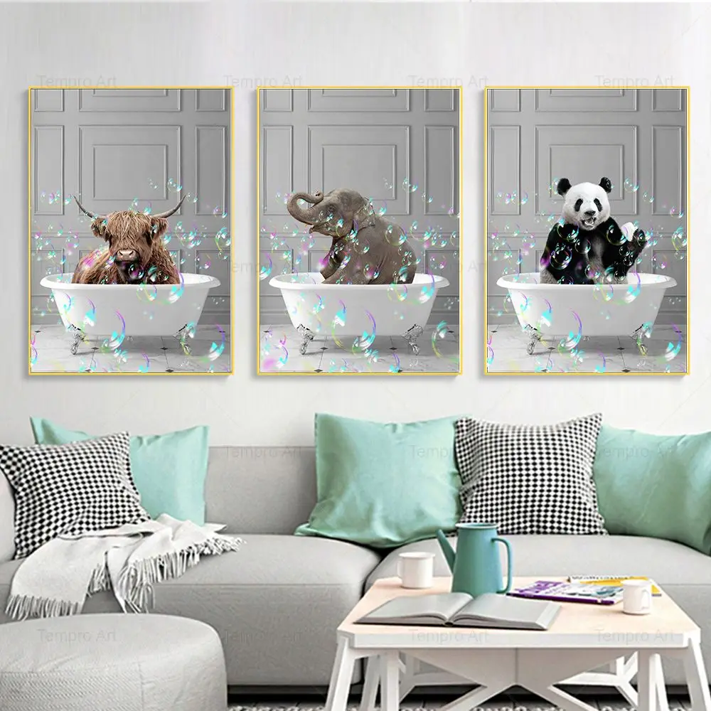 

Animal in Bathtub Blowing Foam Picture Elephant Panda Bath Wall Art Canvas Painting Print Nordic Bathroom Home Decor Posters