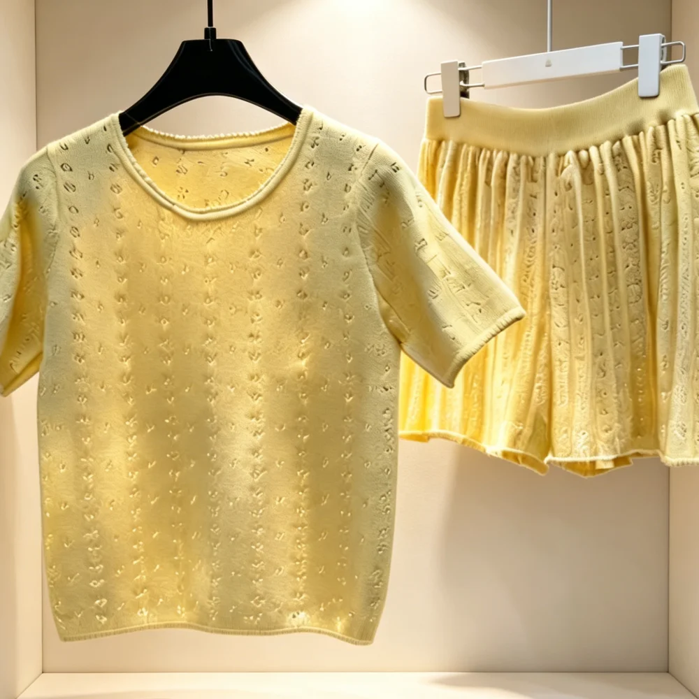

2026 New Yellow Hollow Knit Two Piece Set Women Casual Short Sleeve Top and Shorts for Beach Vacation 029