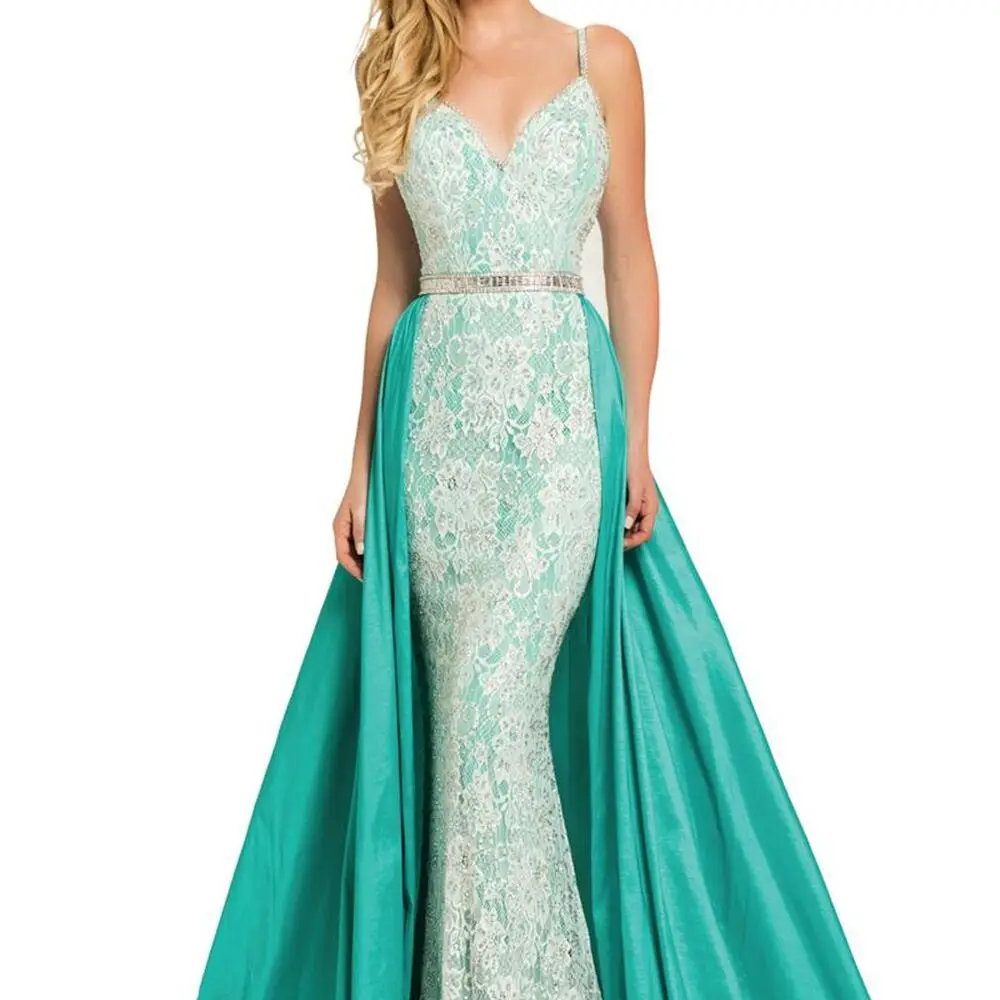 Sleeveless V-Neck Double Strap Lace Mermaid Evening Dress Removable Train with Belt Women's Formal Occasion Elegant Dress2023