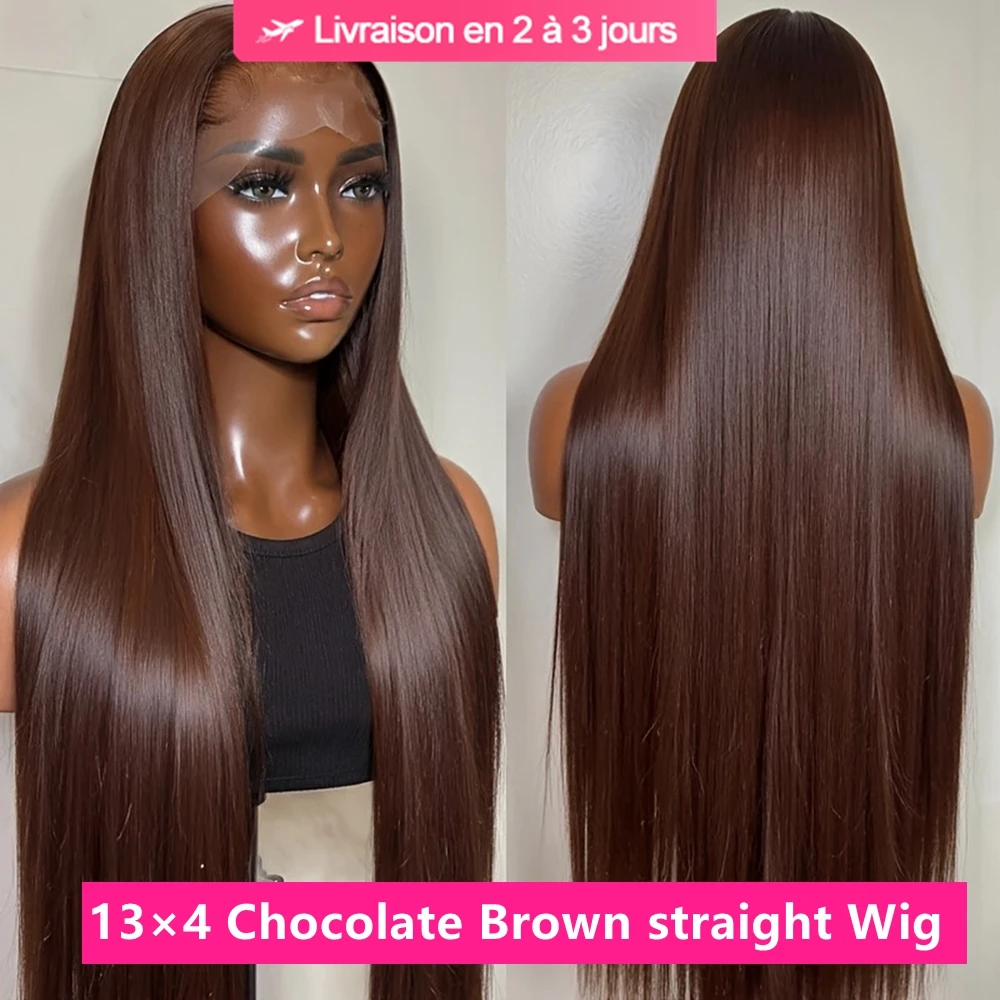Parrucche in capelli umani color marrone cioccolato 13X4 # Parrucche con fronte in pizzo trasparente, realizzate con capelli umani veri, modello 4 Bone Straight, densità 180%, lunghezza 26-34 pollici,