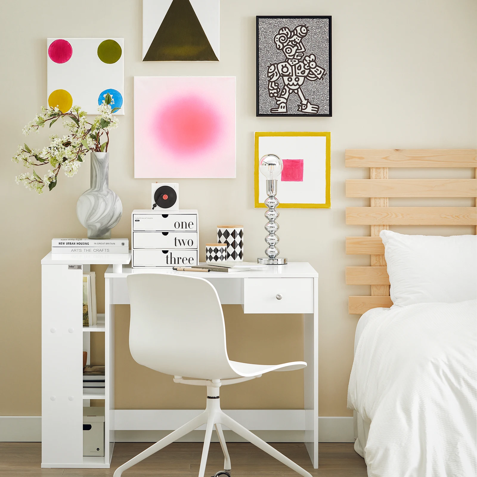 SoBuy ® FWT35-W Scrivania con 1 cassetto e 3 contenitori Tavolo per bambini Tavolo da lavoro Tavolo per computer Tavolo da ufficio