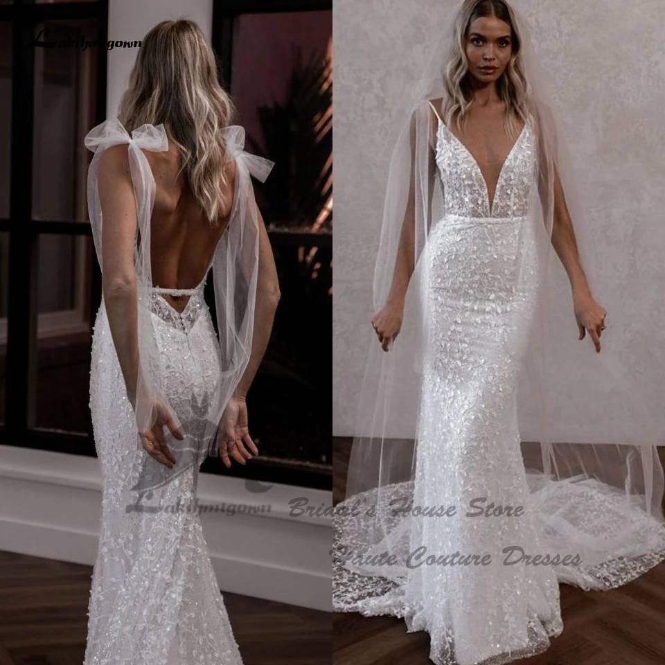 Laksh migown Luxus Perle Spitze Boho Strand Brautkleider rücken frei 2024 Vestidos sexy Meerjungfrau Brautkleider tauchen V-Ausschnitt