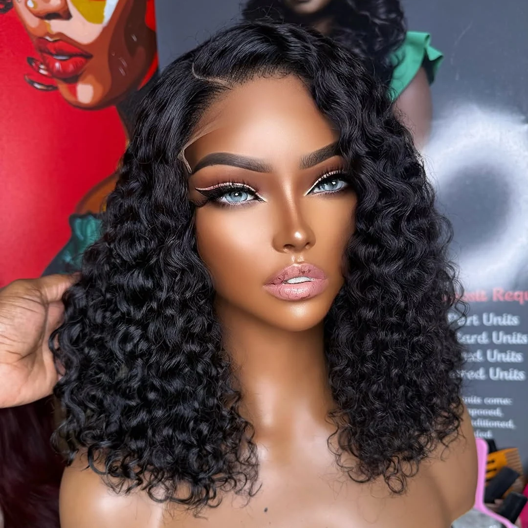 Density 180% Wigs Human Hair Deep Wave BOB Wig 13x4 HD Curly BOB Lace Front Wigs Human Hair Pre Plucked Short Curly Frontal BOB Wigs For Black Women Wet And Wavy 12 14 16 Inch Fast Shipping