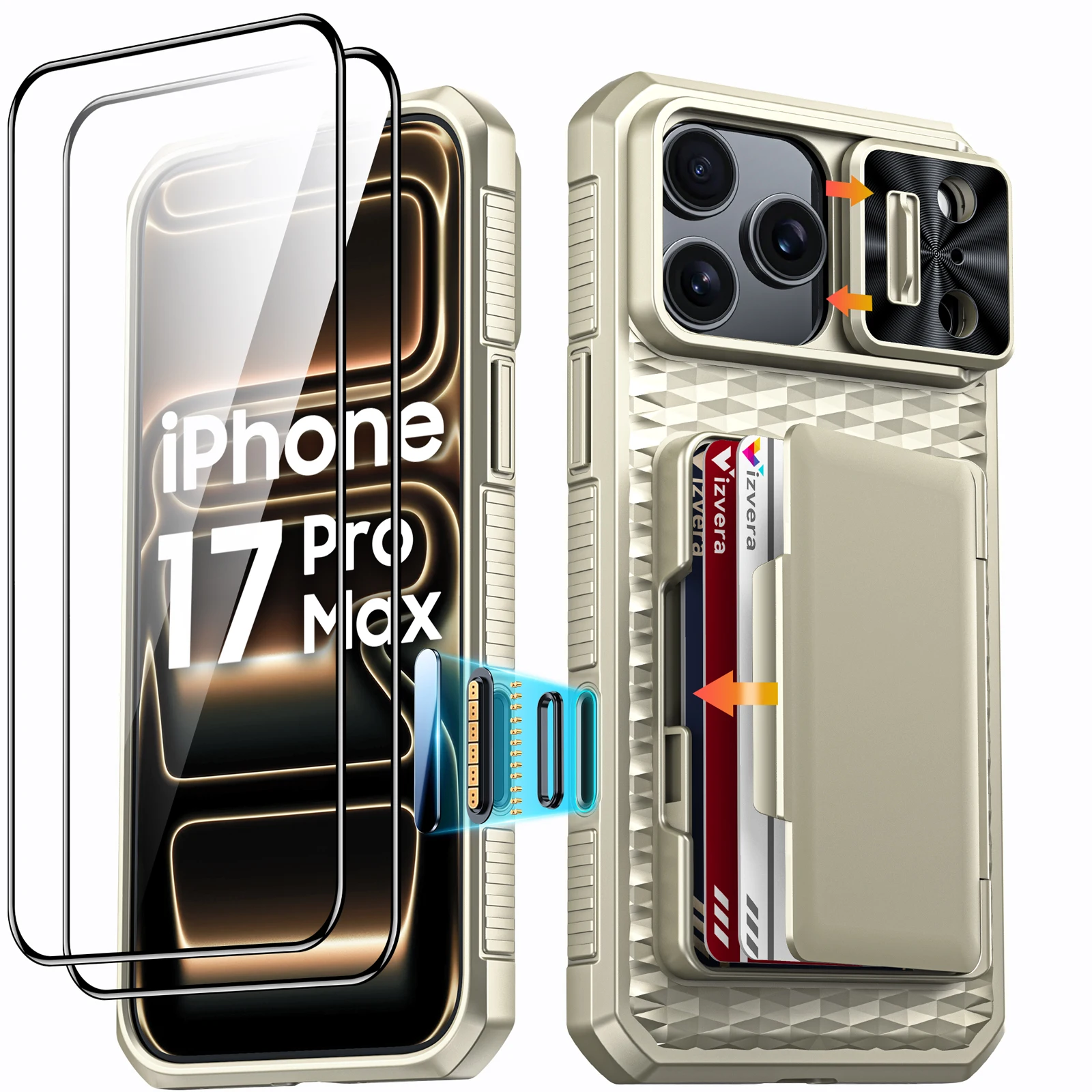 For iPhone 17 Pro Max With Card Holder Sliding Camera Cover And Stand Phone Case, Anti-Fall PC+TPU Wallet Case-Orange
