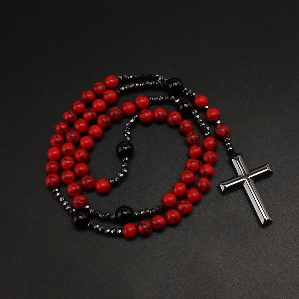 Perles turquoise rouge naturelles de 8 mm avec pendentif croix en hématite pour hommes et femmes