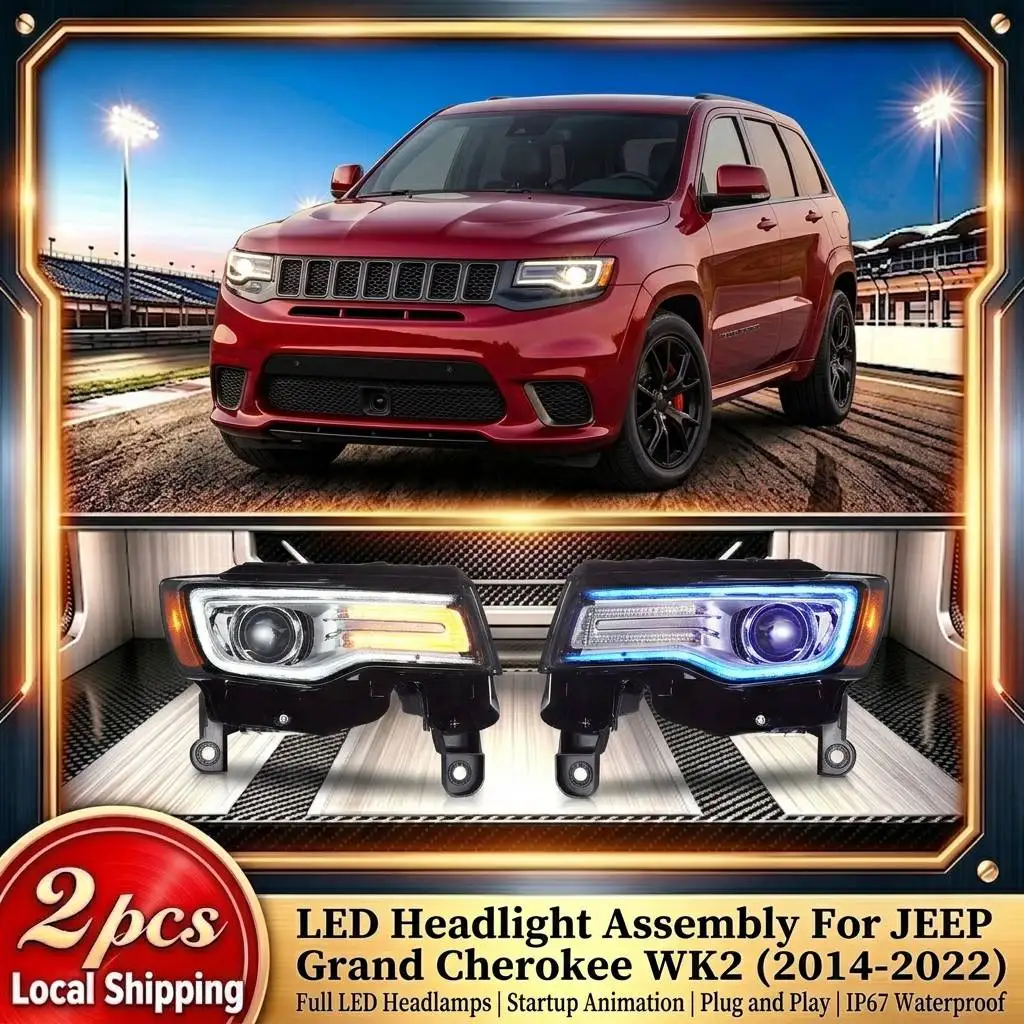 2 Stück LED-Scheinwerfer-Set für JEEP Grand Cherokee WK2 2014-2022, Startanimation, blaues Tagfahrlicht, dynamischer gelber Blinker, Doppellinsen-Projektor, Fern- und Abblendlicht,