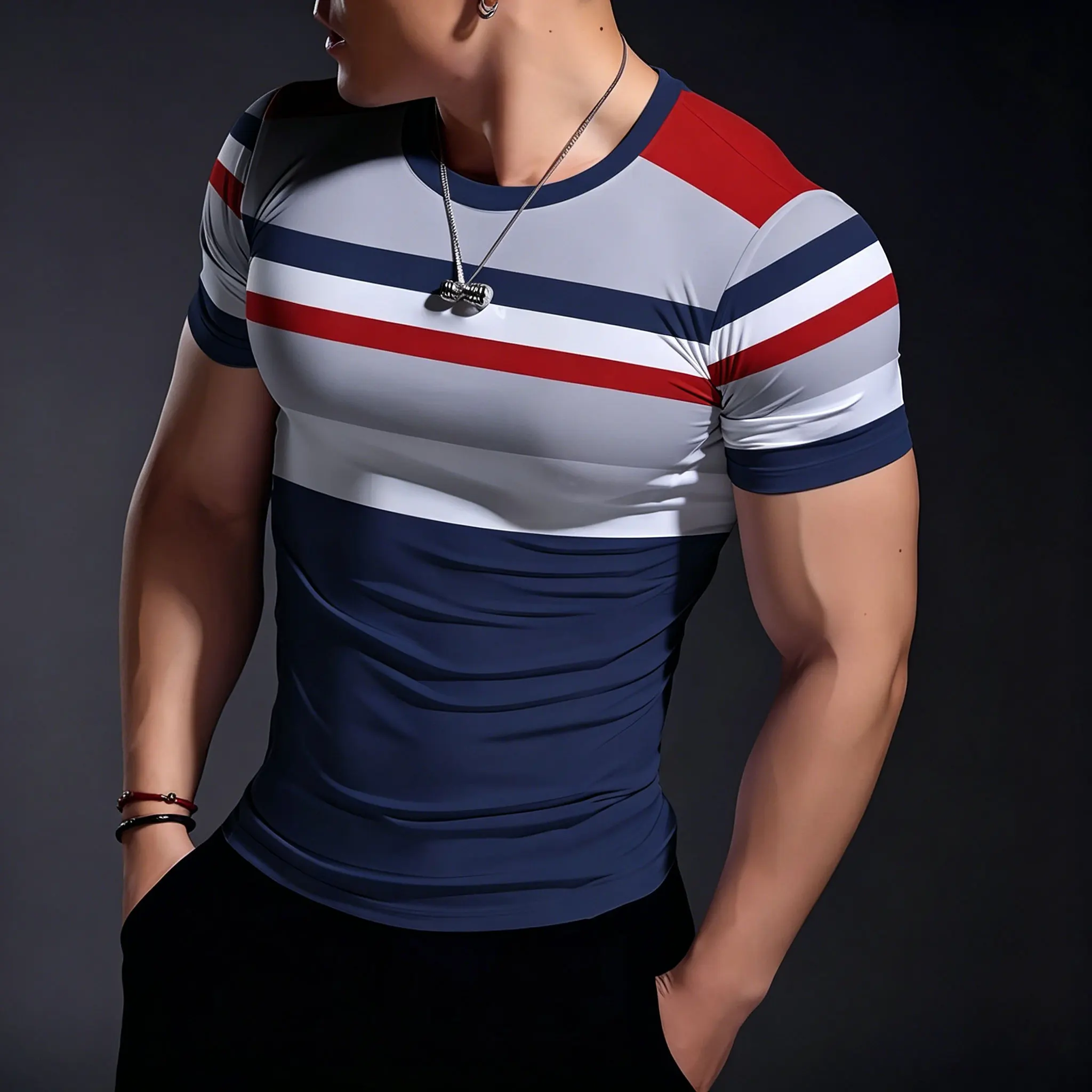 Men's Slim Fit Striped Graphic T-Shirt, Navy Red White Horizontal Color Block Stripe Print Stretch Soft Breathable Muscle Fit Ur