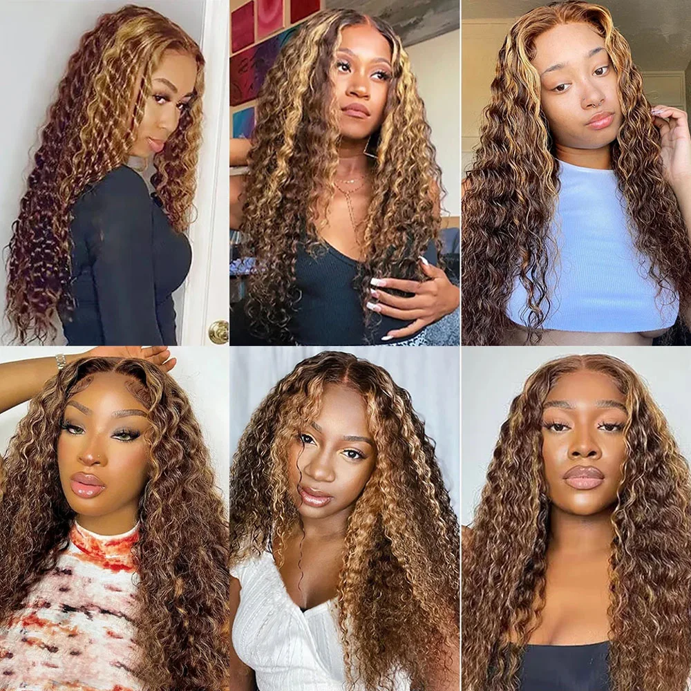 30 Inch Highlight Deep Wave Bundles with Closure Brown Human Hair Bundles with Closure Ombre Honey Blonde Bundles with Closure