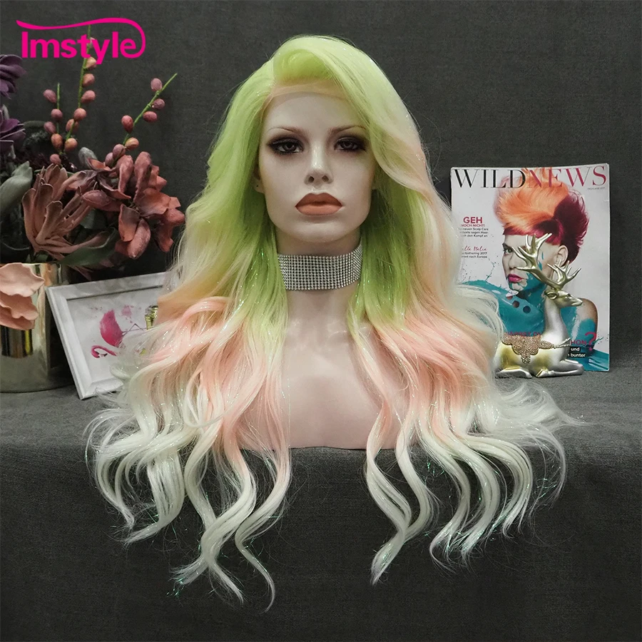 Imstyle Synthetic Lace Front Wig Tinsel Wig Ombre Green Pink Wig Long Wavy Wig For Party Drag Wig