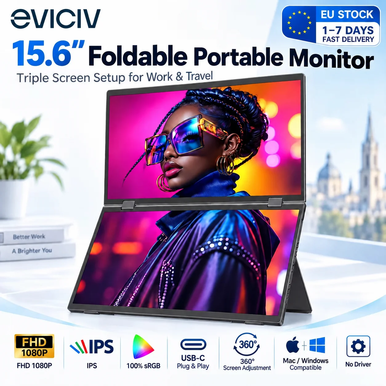 EVICIV Monitor Portatile Doppio da 15,6 Pollici, Estensore Schermo per Laptop FHD 1080P IPS 100% SRGB, Plug & Play USB-C, Schermo Triplo Pieghevole per Mac Windows, Viaggi, Ufficio, Rotazione a 360° °