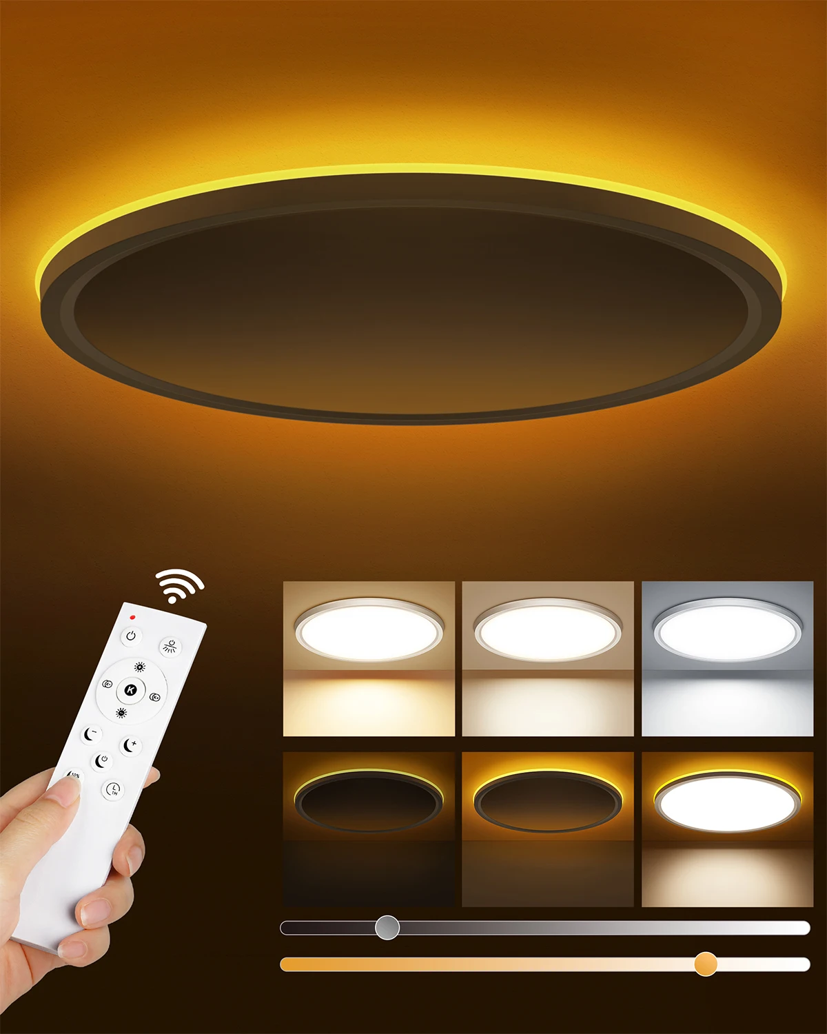 17 mm ultradunne LED-plafondlamp met afstandsbediening, instelbare kleurtemperatuur van 3000K tot 6500K, 1800K amberkleurige nachtverlichting, 2-in-1 achtergrondverlichting, plafondlamp voor