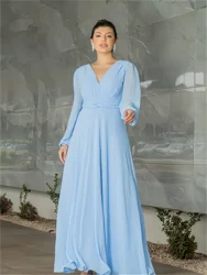 2024 Elegant V Neck Long Sleeves Prom Dress Long Chiffon Bridesmaid Dresses Formal Evening Gown Mother Robe Outdoor Party Dress