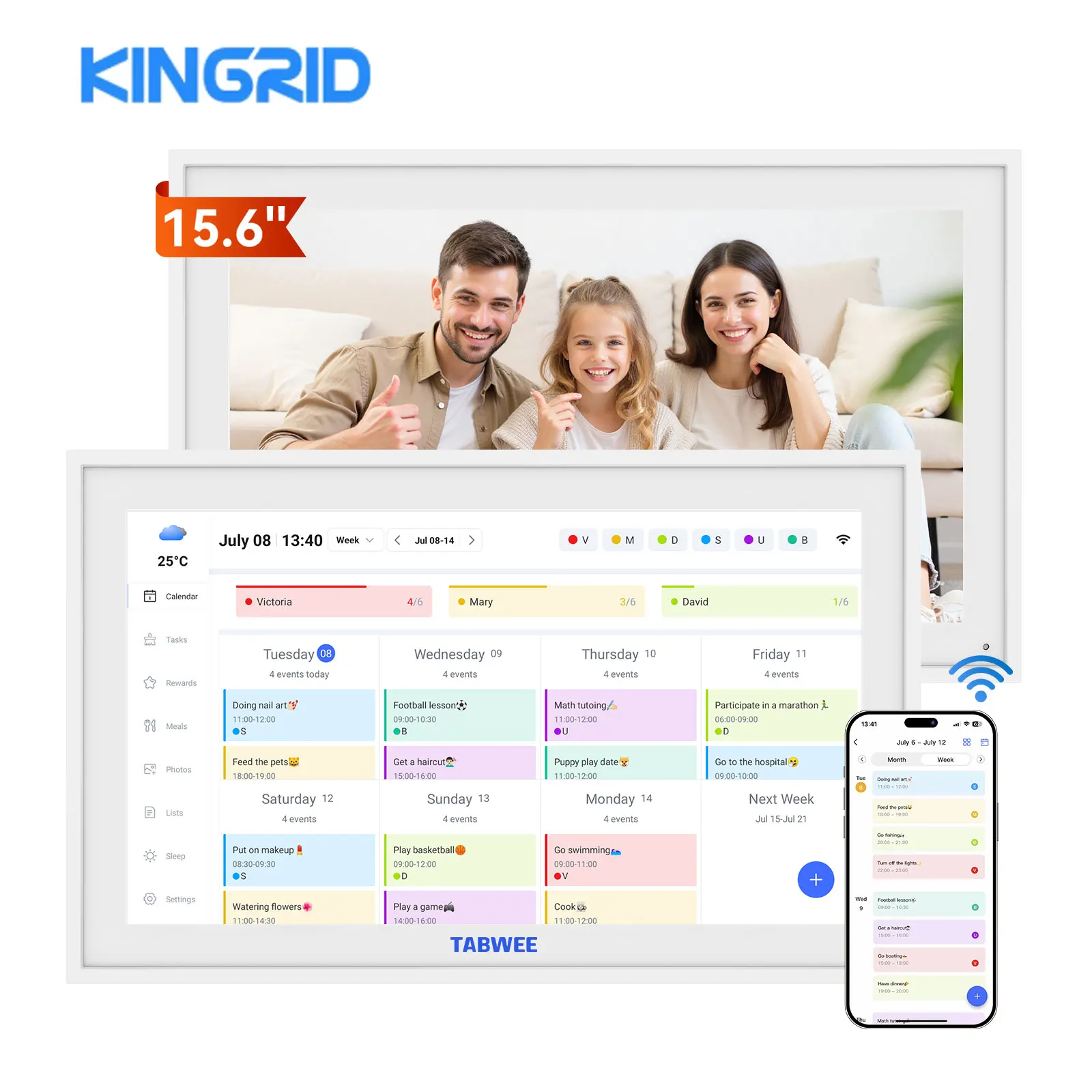 Kingrid P15 15,6 Zoll WLAN Smart Digitaler Kalender, Mahlzeiten- & Aufgabenplanung, Belohnungen für Kinder, Wi-Fi, Google/iCloud-Synchronisierung, 32GB Wand-Touchscreen Smart Elektronischer Kalender