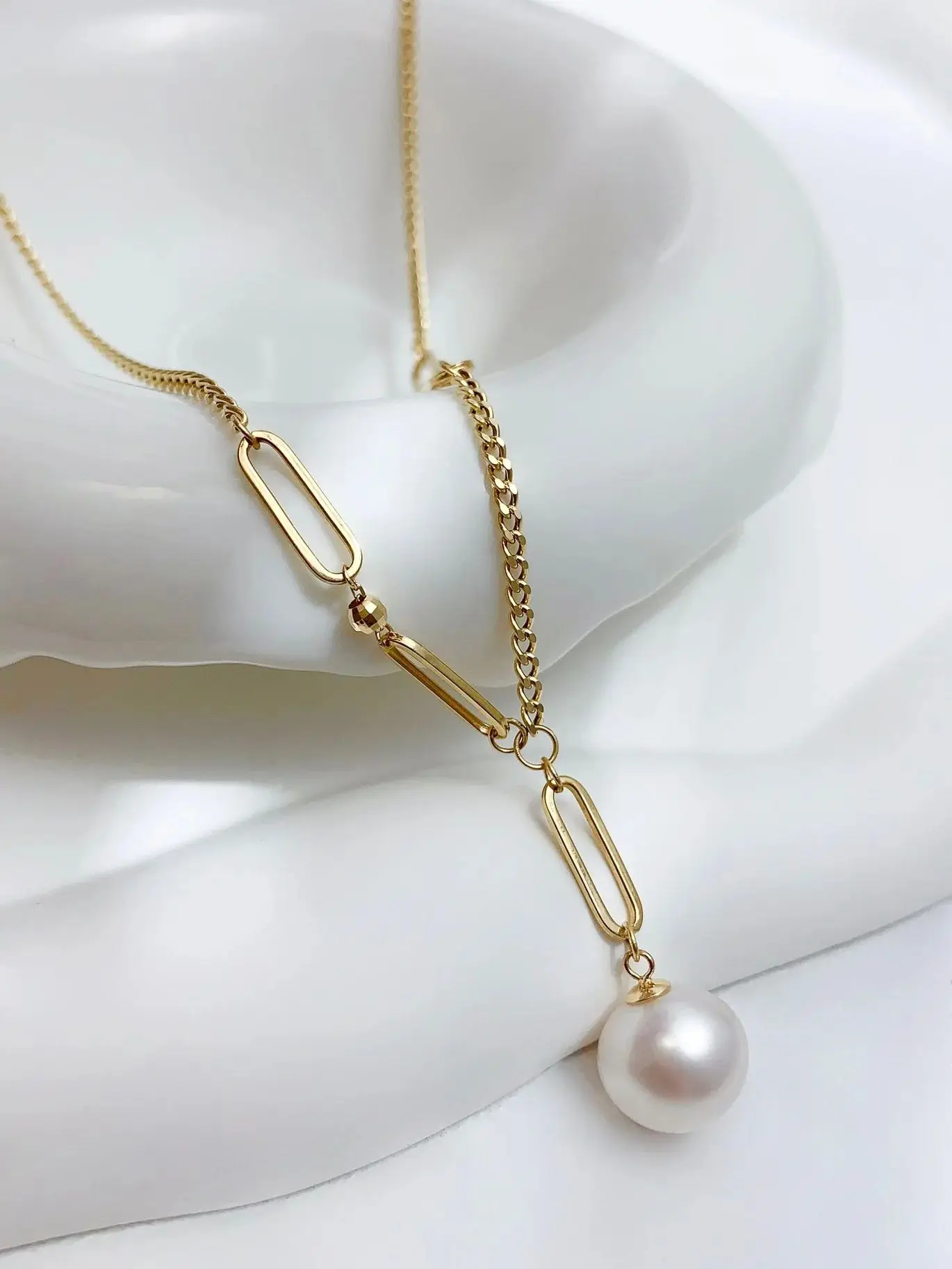 DSHIJOJ 18K Gold Link Chain Women Necklace 8-9mm Freshwater Pearl Pendant