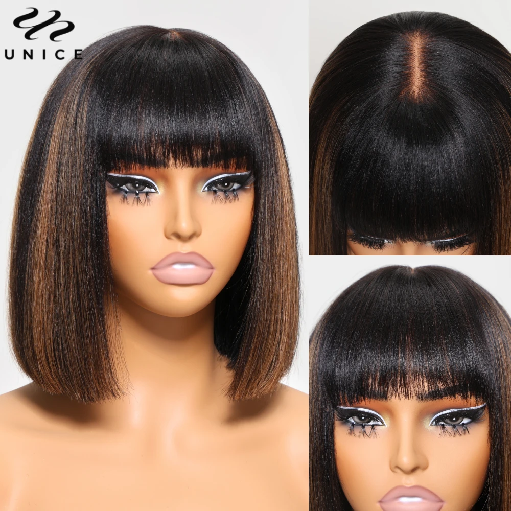 Unice Balayage Highlight Yaki Straight Bob Wig With Bangs Real Scalp Middle Part 4x2 Lace Wig 100% Human Hair Short Bob Wigs