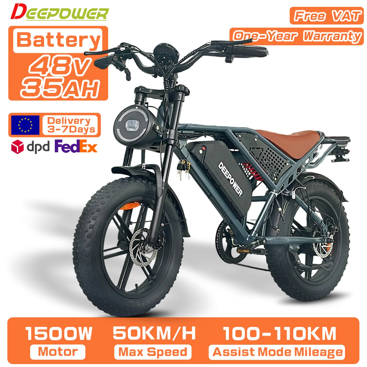 DEEPOWER QS7 Off-Road Elektrische Fiets met 1500W Motor, 48V 60AH LG Batterij, voor Volwassenen, Mountain Ebike, All-Terrain Motorfiets