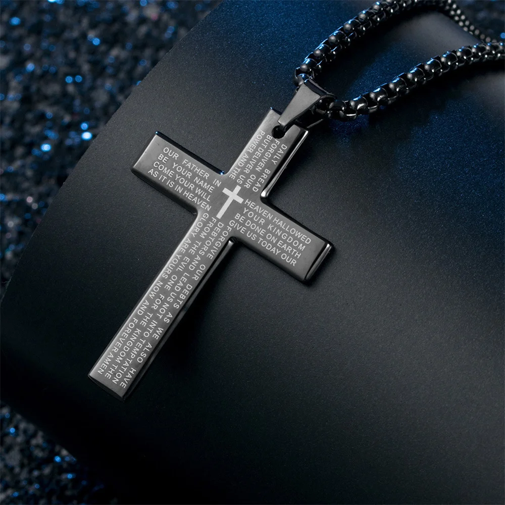 Mode Bibel Jesus Kreuz Anhänger Halskette Hip Hop Männer Edelstahl Anhänger Halskette für Frauen Retro Religiöse Gebet Schmuck – Detail 4