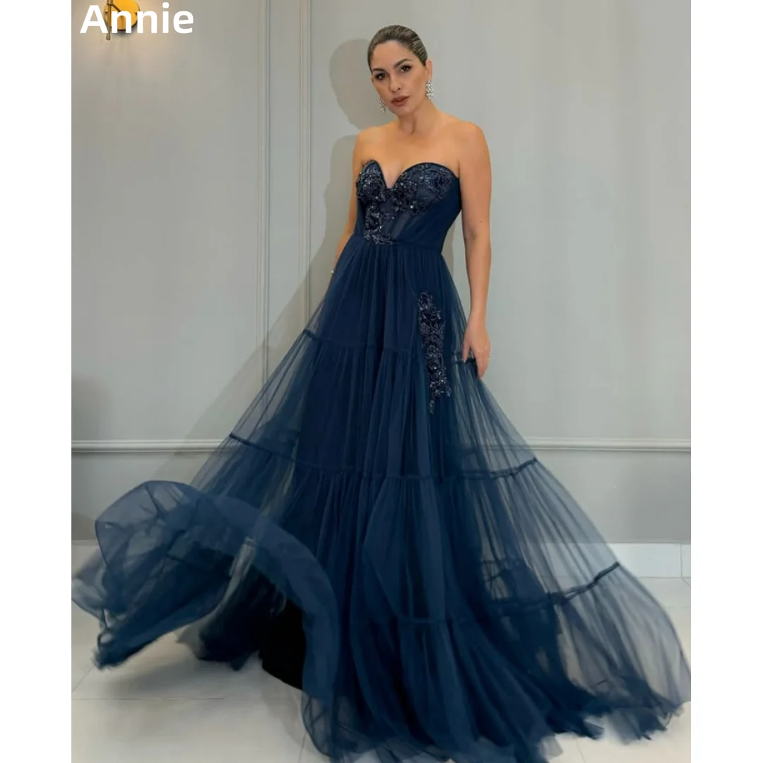 

Annie Кружевные платья для выпускного вечера с вышивкой Темно-синие вечерние платья с открытыми плечами из тюля А-силуэта Женские свадебные платья