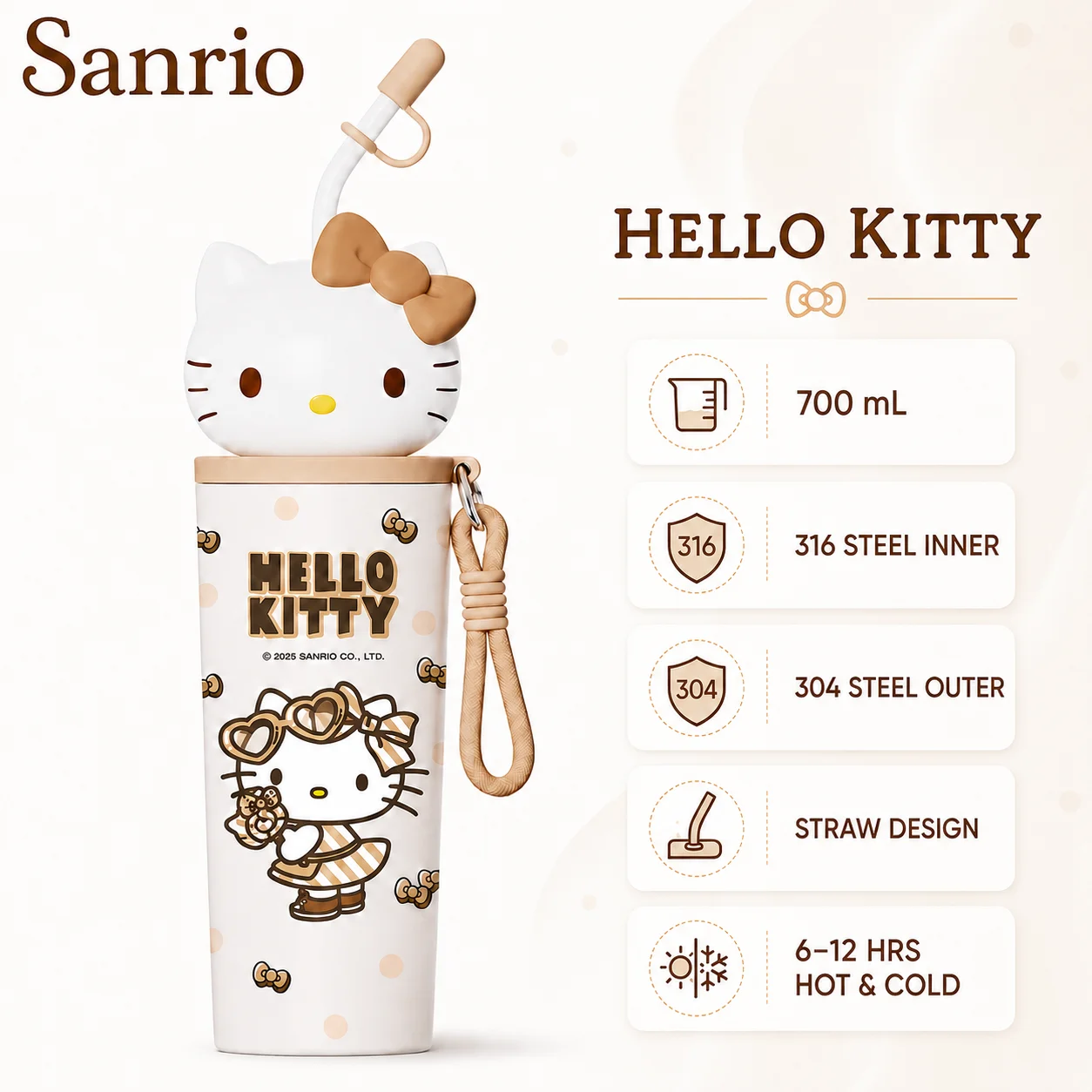 Sanrio 700mL 316 Stainless Steel Figurine Insulated Tumbler Straw Cup Thermal Mug Travel Water Bottle Handle Drinkware Gift