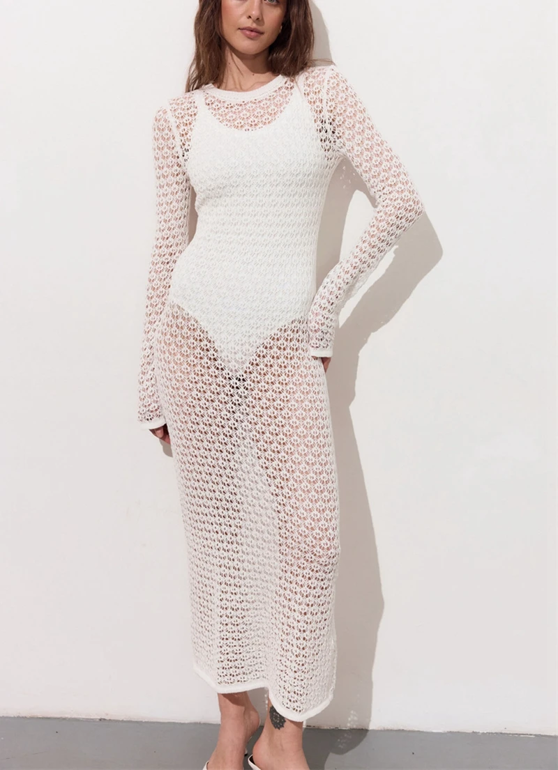 

Women's Sexy Long Sleeve Bodycon Dress Boho Beach See-through Crochet Sheer Knit Bikini Cover Up Summer Swimsuit Sarong Robe