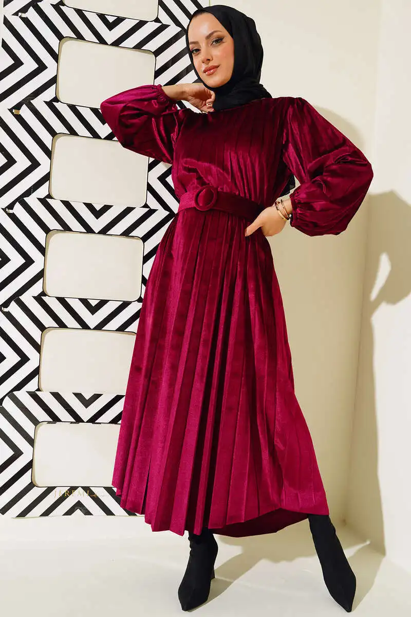 Women New Year 2024 Pleated Belted Velvet Dress Elegant Dubai African Kaftan Abayas Diamond Long Sleeve Robe Wedding Party Prom