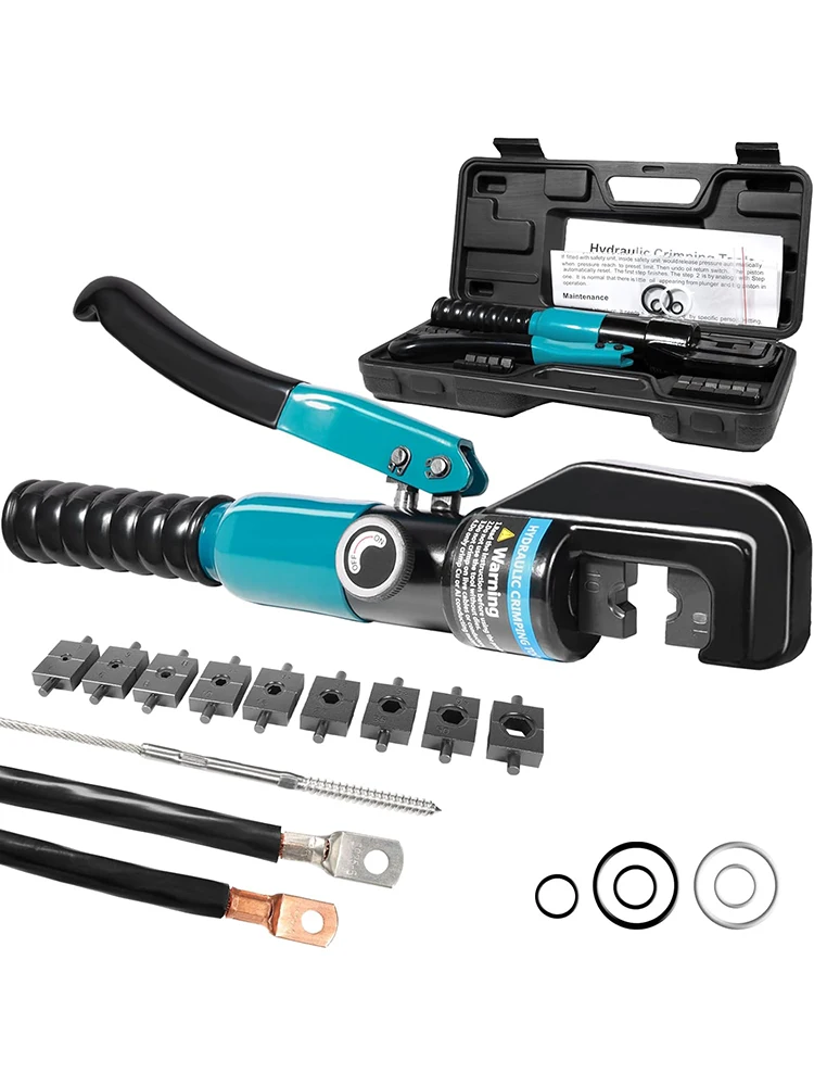 Profesjonalne szczypce hydrauliczne 10-tonowe, zestaw do zaciskania hydraulicznego 12 do 2/0AWG z 9 matrycami do końcówek akumulatorowych i kabli 4/6/8/10/16/25/35/50/70mm² — 2