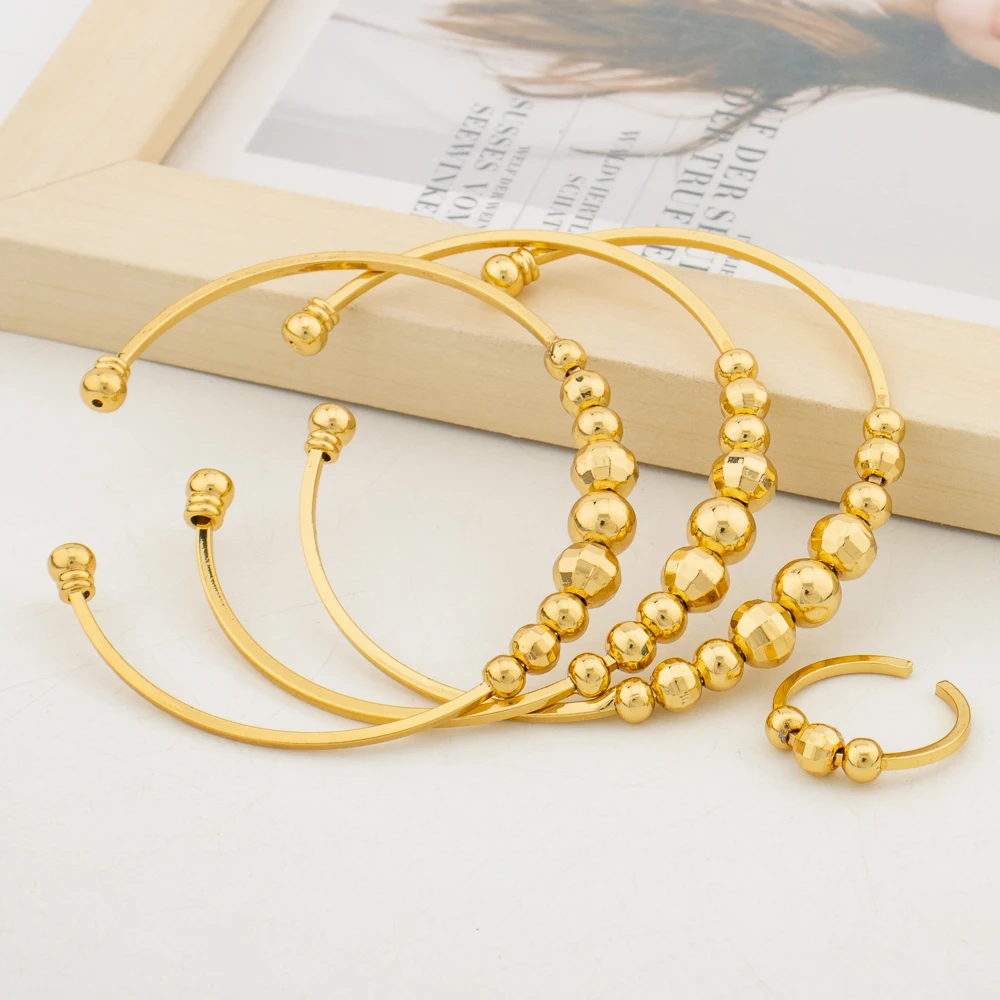 Bangles with Ring Jewelry Set for Party African Women 18k Gold Color Cuff Bangle Ring Beads Design Hand Bracelet Jewelry Set