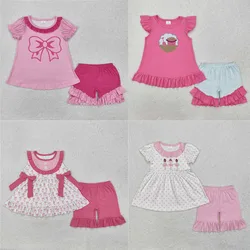wholesale kids western boutique outfits children clothing Baby Girls Pink Bow Tunic Ruffle Shorts Clothes Sets
