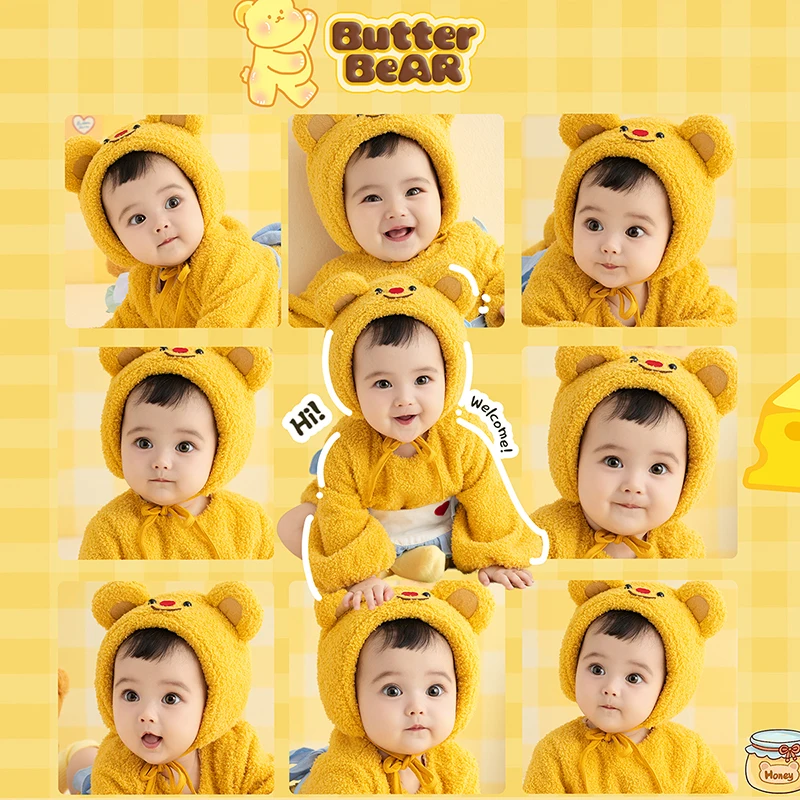 Cartoon Yellow Bear Baby Clothing 100 Days Baby Photography Props Bear Ear Hat Jumpsuit Sock Outfit Bread Tray Baking Shoot Prop