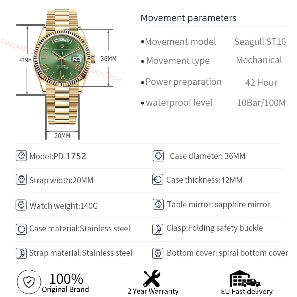 PAGANI DESIGN New ST16 Movt Automatic Men\'s Watches Week Calendar Mechanical Wristwatch 36mm AR Sapphire Luxury Dive Watch Men