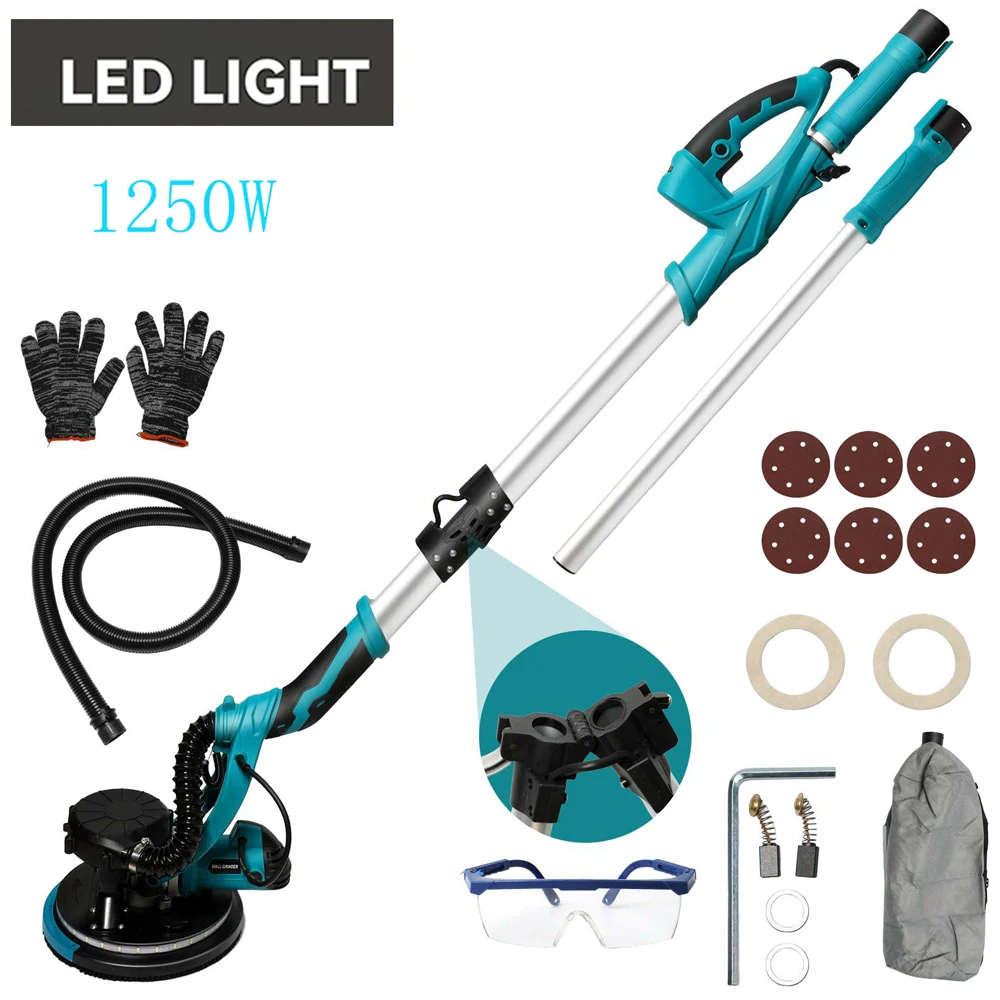 Lijadora eléctrica para paneles de yeso de 1250W, rectificadora de pared, masilla sin polvo, autoaspiradora, pulidora portátil, polvo automático