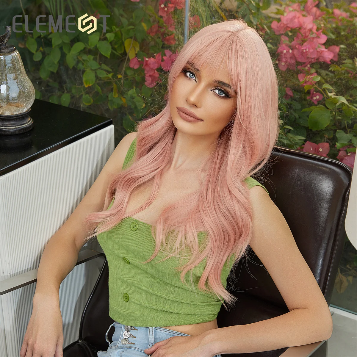 Element lange Körper lockige synthetische Perücke mit Pony Grapefruit rosa Haar Perücken für Frauen tägliche Party Cosplay hitze beständig