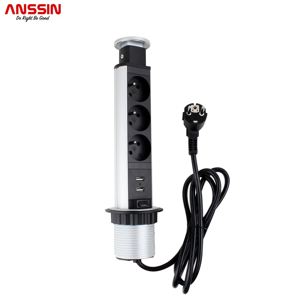 Anssin Pop Up Electrical Socket With 3 French Standard Plugs And 2 USB, Suitable For Kitchen, Office, Desk, Silver Case