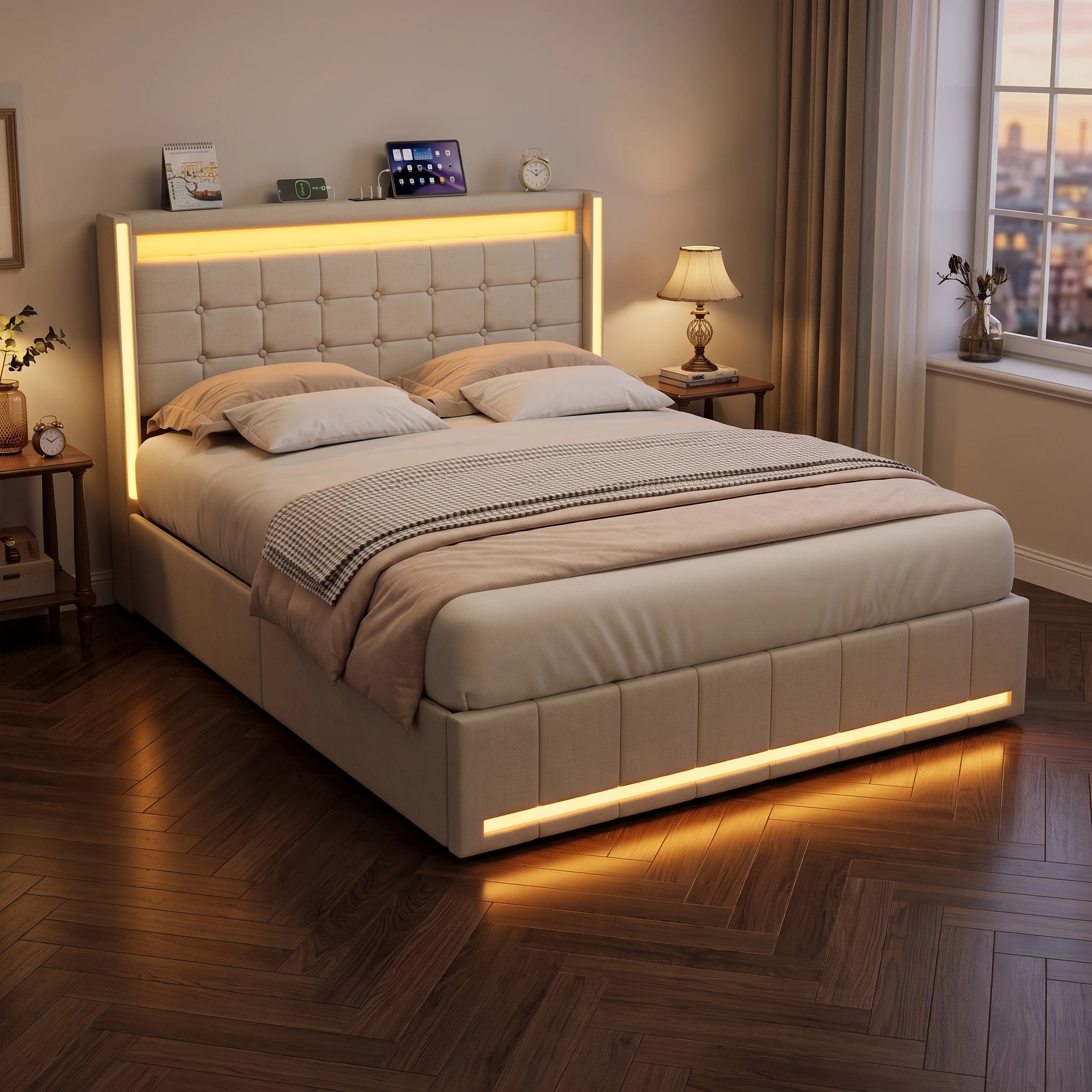 4ft6 Double Bed Frame Upholstered Platform Bed with 4 Storage Drawers & LED Storage Headboard, Linen Beige Functional Beds with LED Lighting & Charging Station,Metal-Wood Support, 3ft/4ft6/5ft bed