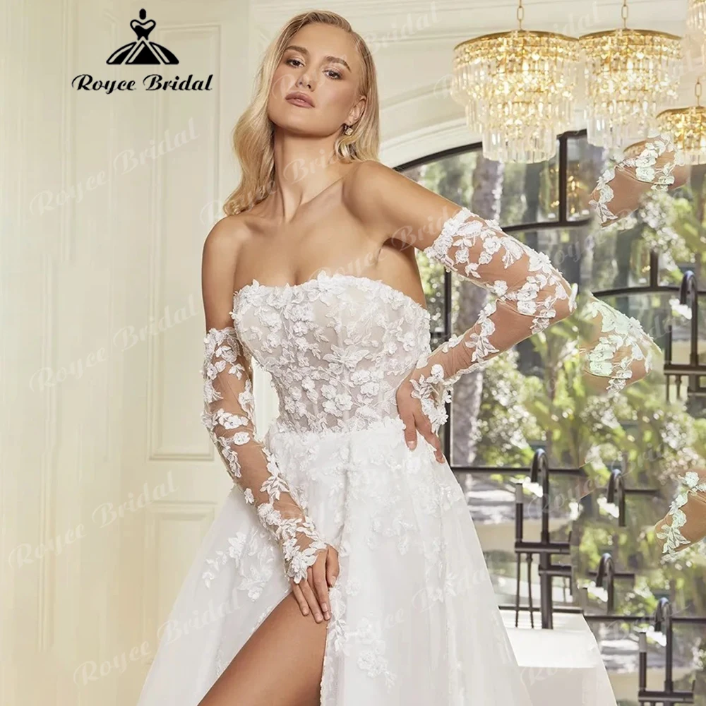 Elegantes Trägerloses 3D-Blumenspitzen-Brautkleid mit Abnehmbaren Transparenten Ärmeln, Hohem Schlitz, Tüll und Schleppe, Anpassbar