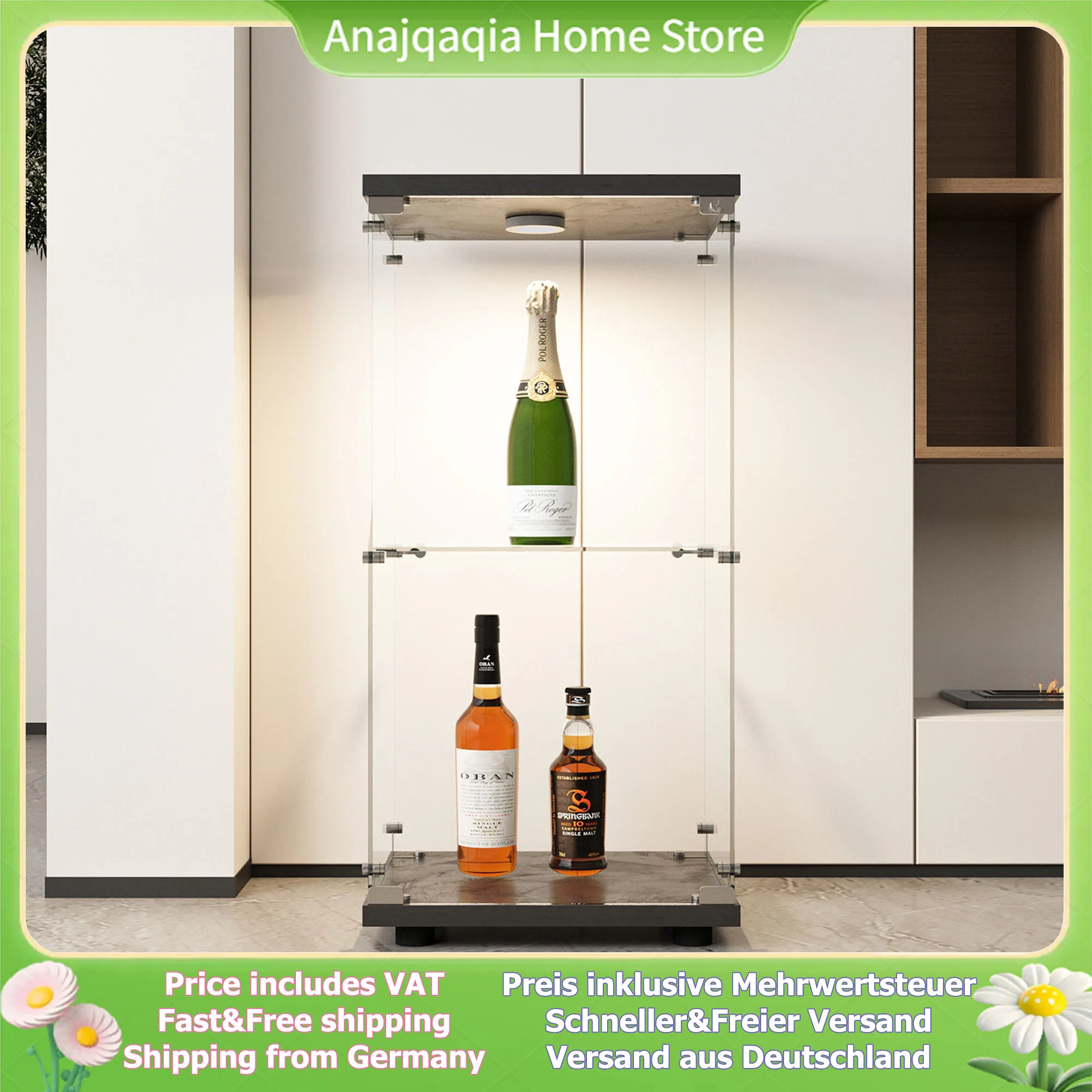 Anajqaqia Moderner Glasschrank mit 2 Regalen, Glasvitrine, Standschrank mit LED-Licht, für