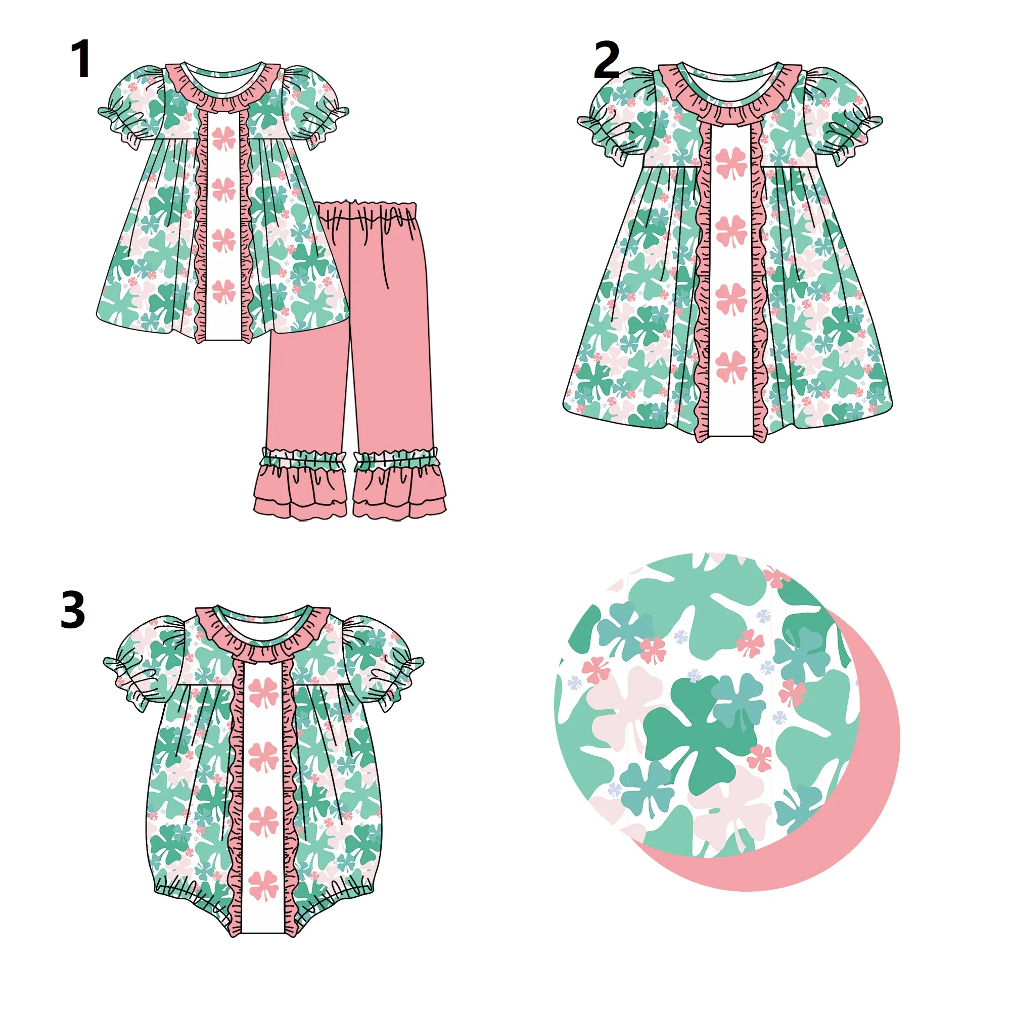 St. Parker collection four-leaf clover print pink girls short sleeve suit baby short sleeve onesie boutique wholesale