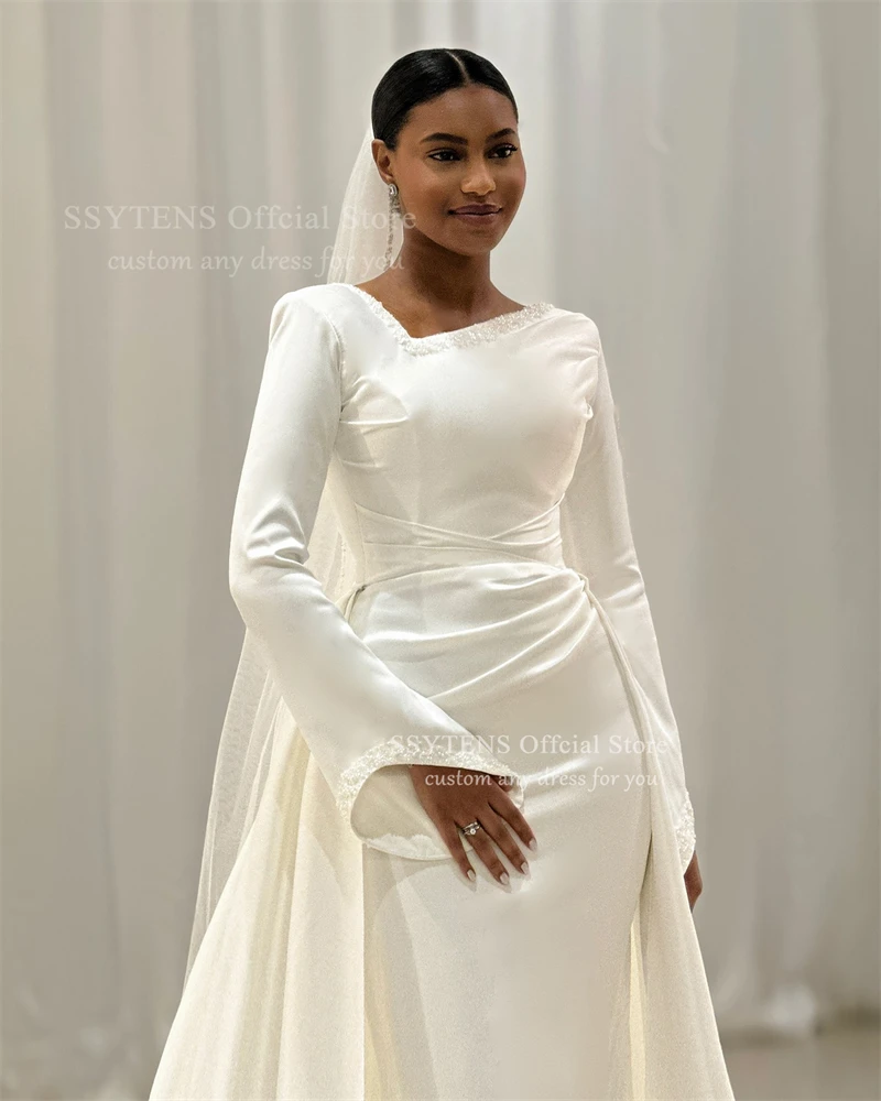 SSYTENS Vestido de Novia Árabe con Cuentas y Perlas, Modesto, Personalizado, de Satén Blanco Marfil, Mangas Largas, Vestido de Novia Musulmán, Robe De Mariée